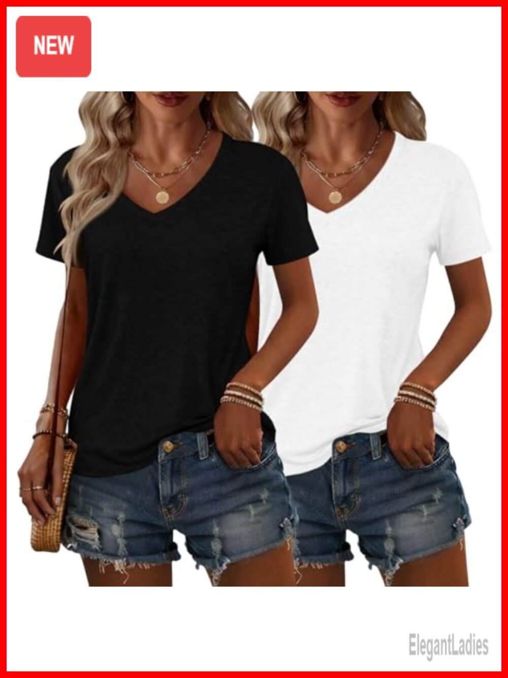 2 Pack Womens Summer Tops V Neck Short Sleeve Casual T Shirts